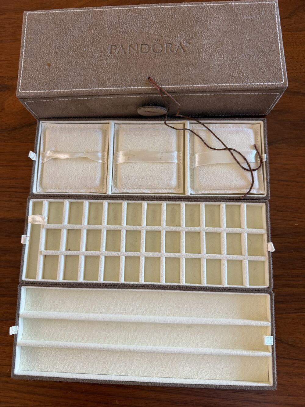 Pandora Three Tier Storage Organizer Jewelry Box Tan Suede Pre-Owned Authentic